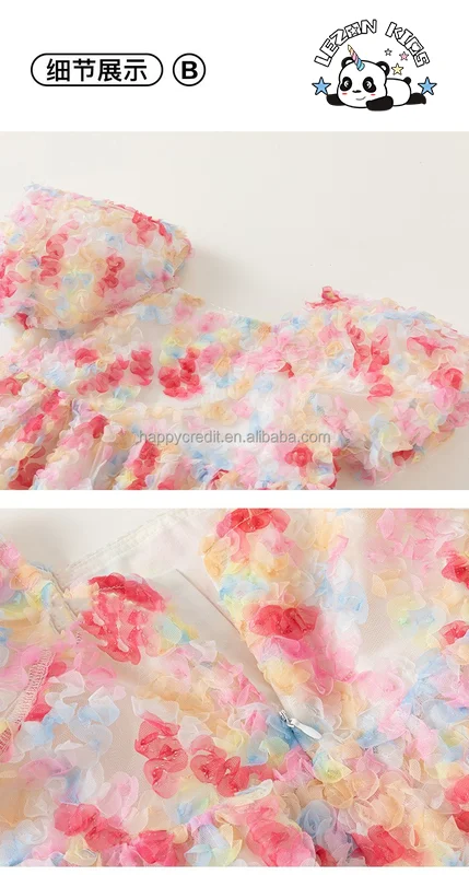 LEZONKIDS - Vestido de Tule Floral com Manga Bufante e Impressão de Flor Rosa para Meninas de Alta Qualidade para o Verão